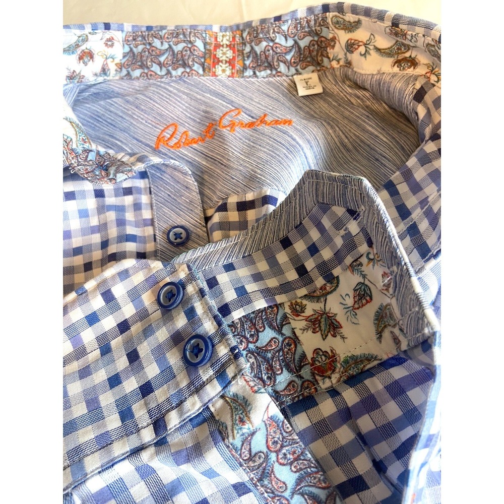 Robert Graham Mens Classic Fit Blue White Checkered Paisley Trim Shirt Large